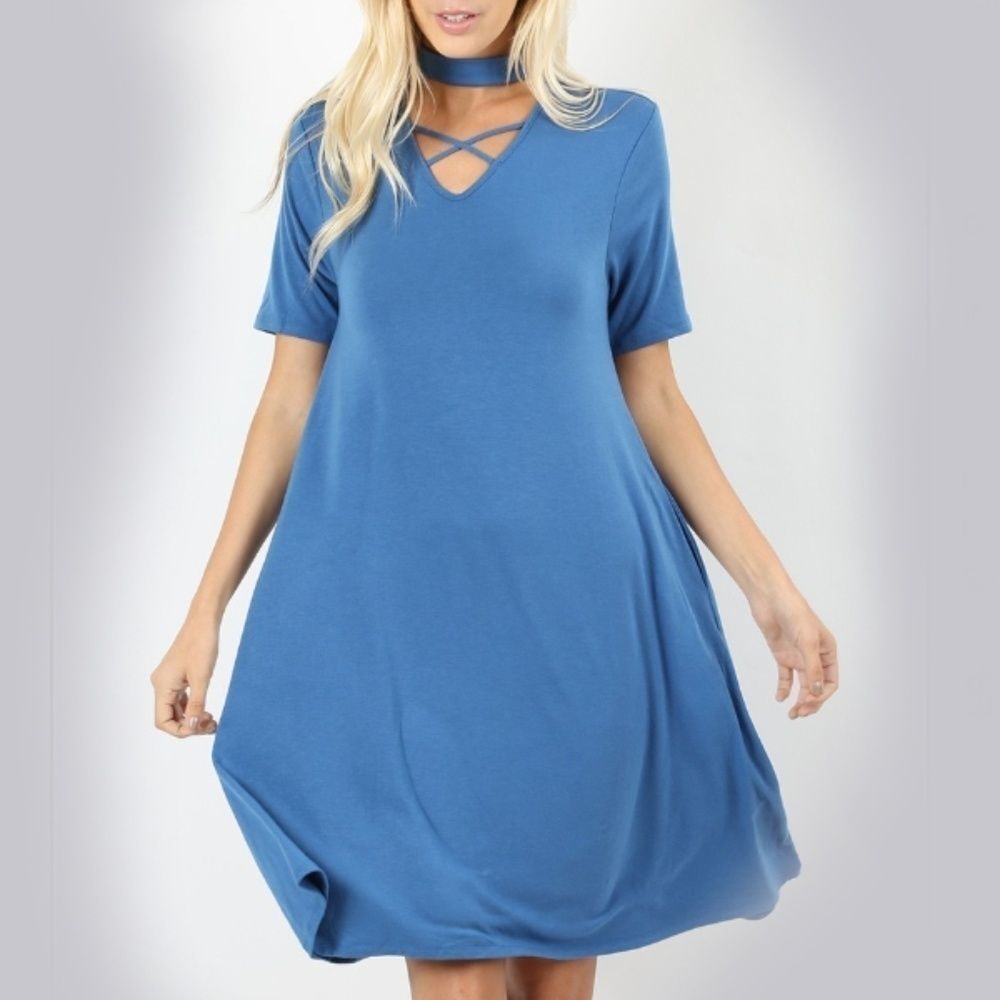 CHOKER NECK Dress CRISS CROSS Short Sleeve Pockets